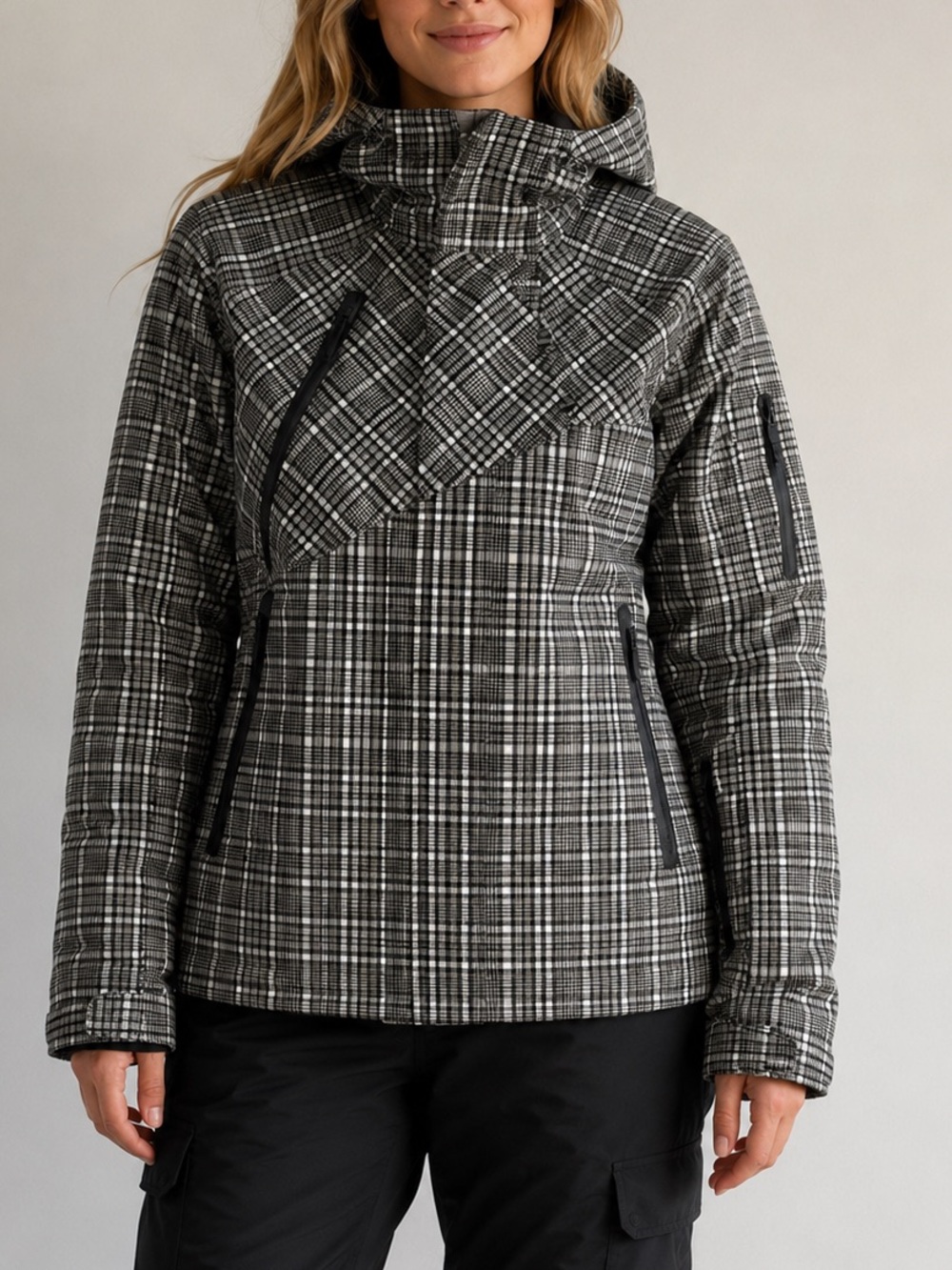 Helly Hansen Women’s Plaid Snowboard Ski Jacket Hooded Shell Gray Black Size S